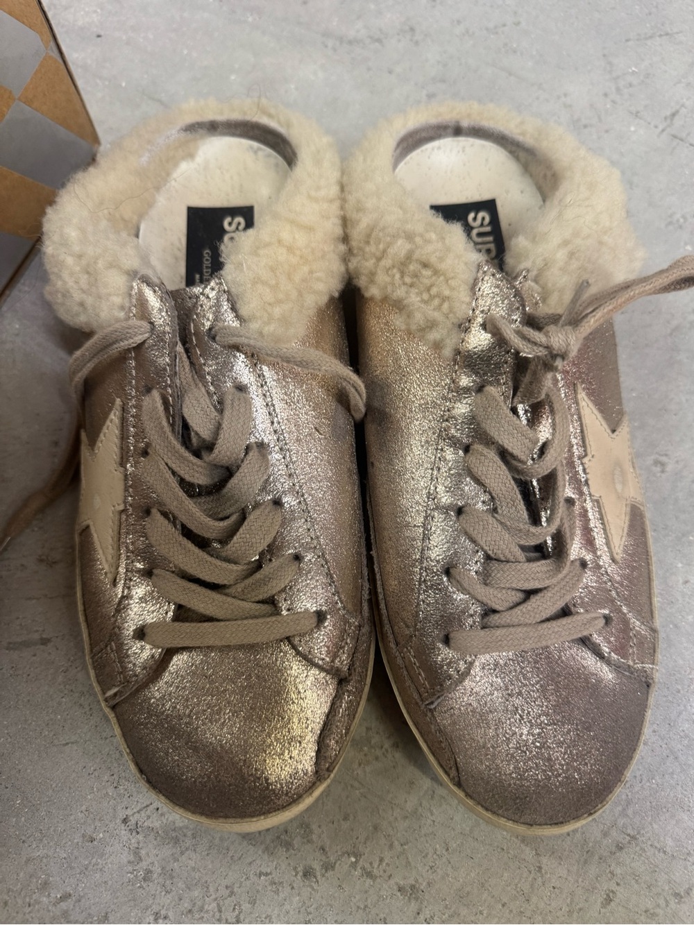 Golden Goose Metallic Champagne Shearling-Trim Low Top Sneakers - Picture 2 of 7